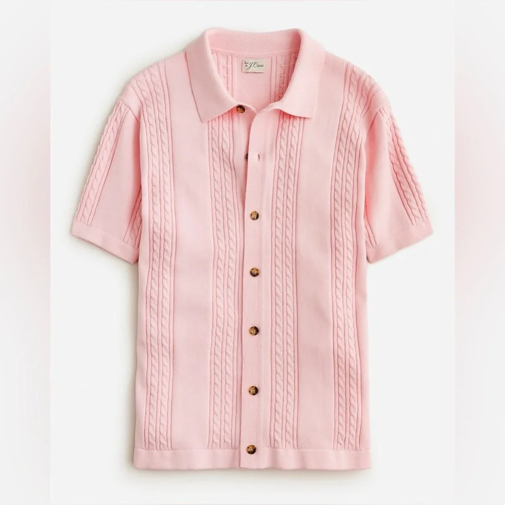 J. Crew Short Sleeve Light Pink Cable Knit Polo Cardigan
